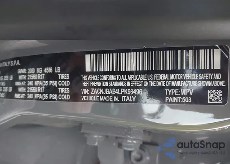 2020 Jeep Renegade Upland 4X4 from USA, damaged, VIN ZACNJBAB4LPK98496